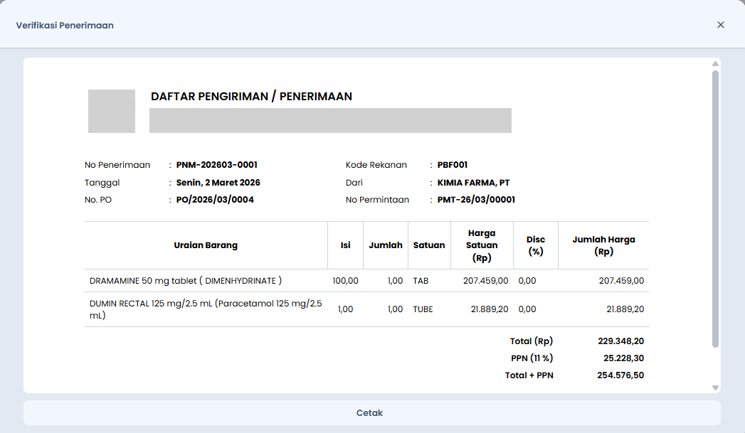 Cetak Daftar Penerimaan